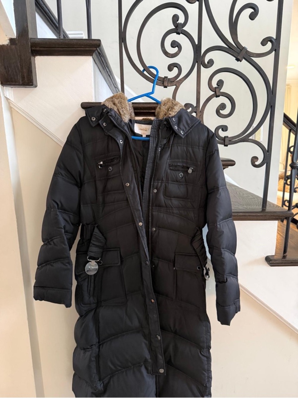 Laundry By Shelli Segal Black Coat with Brown Faux Fur Trim